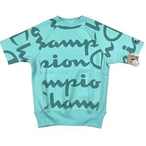 New Champion Men Turquiose Blue Sweatshirt Short Sleeve Crew Neck Pullover US XS